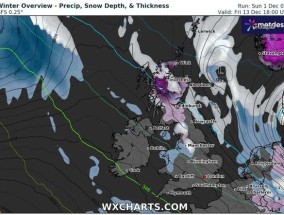 英国气象地图精确地显示了8英寸不间断降雪的地点和时间